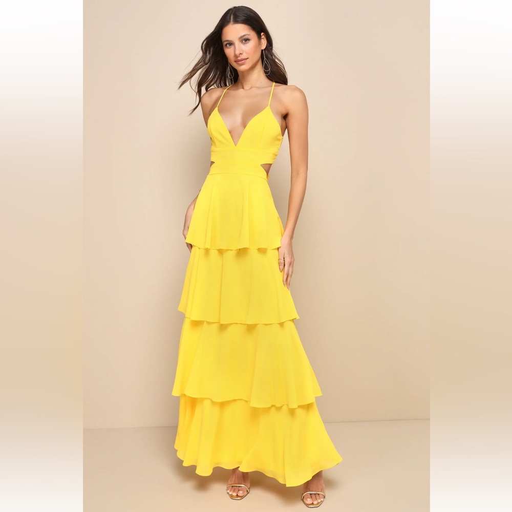 Tier and Now Yellow Tie-Back Tiered Maxi Dress